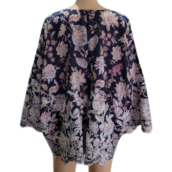 Navy Blue Open Front Kimono Style Cover Up Floral Paisley Print Embroidery OSFM - Picture 5 of 7
